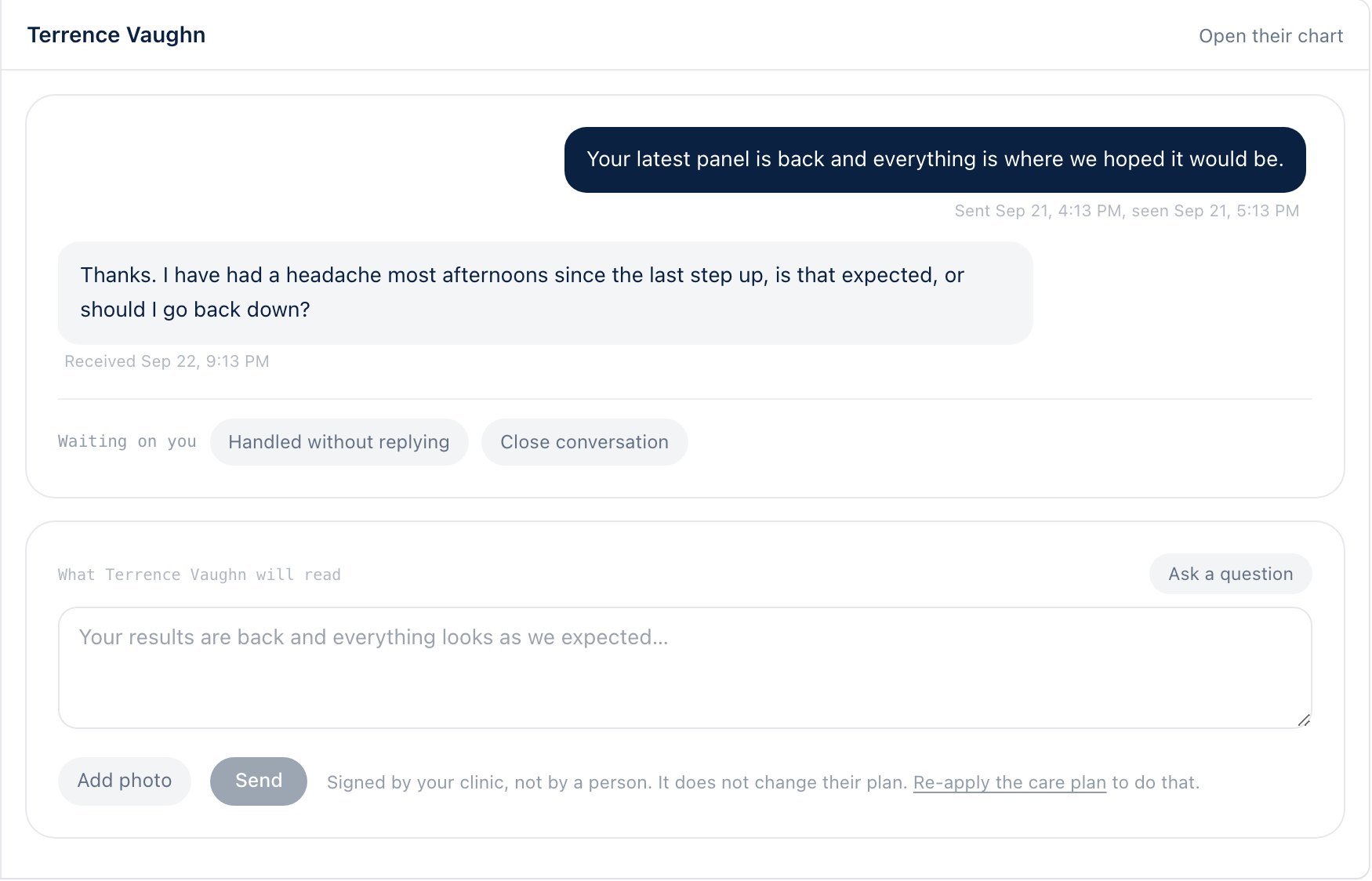 A patient message and the reply box