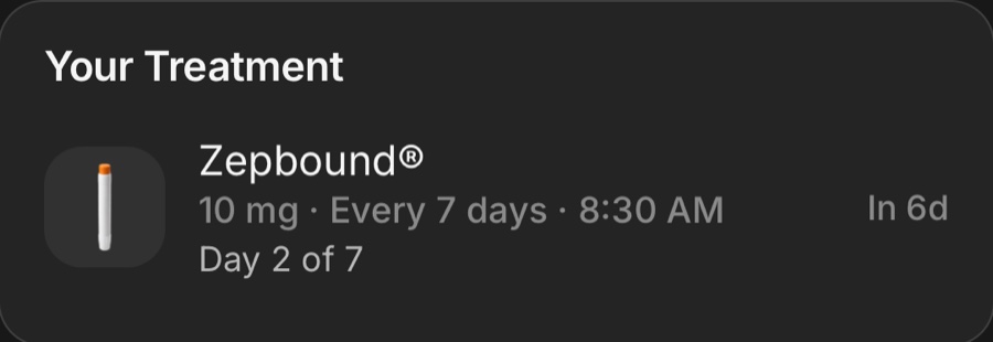 The app's treatment card: Zepbound 10 mg, every 7 days, day 2 of 7